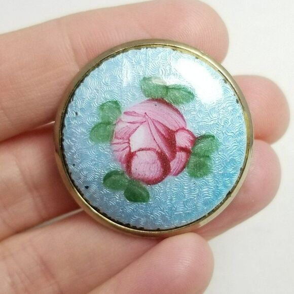 Vintage Pink Enamel Flower Blue Background Round Brooch, Pastel Lapel Pin - Picture 1 of 6